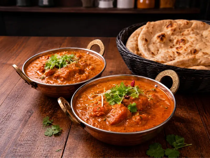 Two curries in copper bowls beside a basket of roti