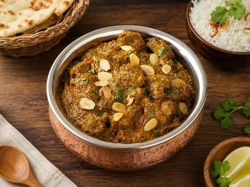Curry garnished with sliced almonds